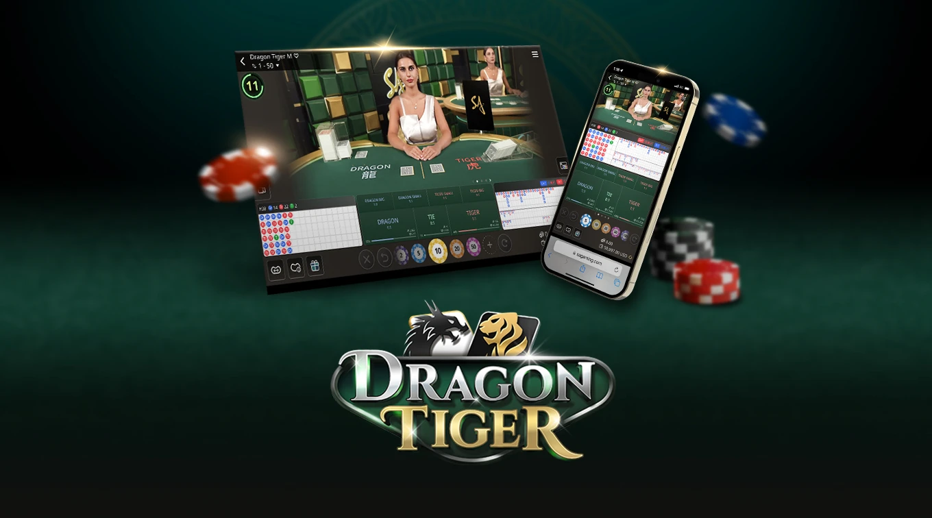 Dragon Tiger game interface on desktop and mobile, an online casino card game by a leading iGaming provider, SA Gaming .